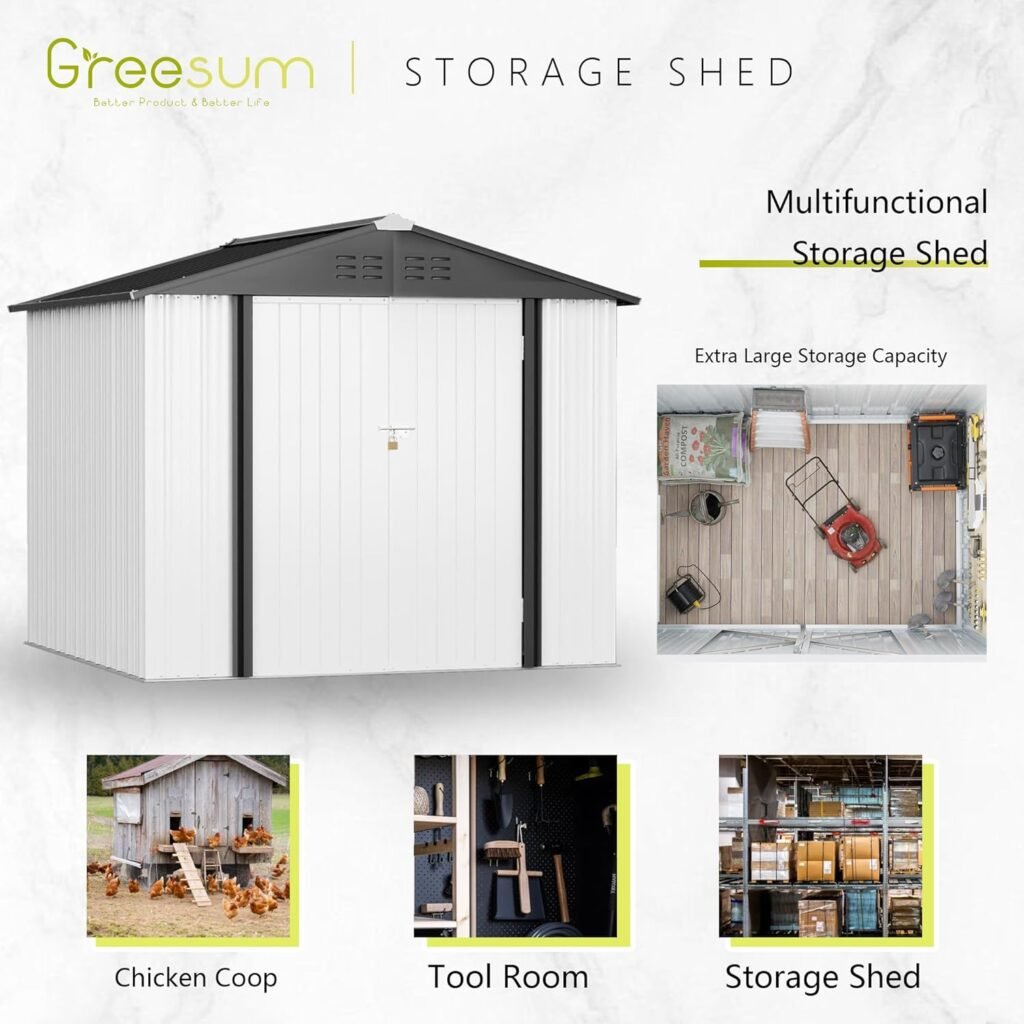 Greesum Metal Outdoor Storage Shed, Steel Utility Tool Shed Storage House with Door  Lock, Metal Sheds Outdoor Storage for Backyard Garden Patio Lawn (74 x 48), Green