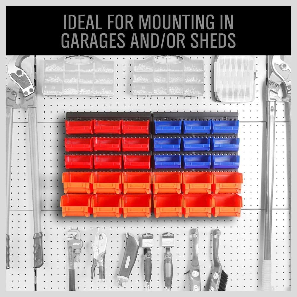 HORUSDY Wall Mounted Storage Bins Parts Rack 30PC Organizer Garage Plastic Shop Tool for Mens Gift, Blue,Orange,Red