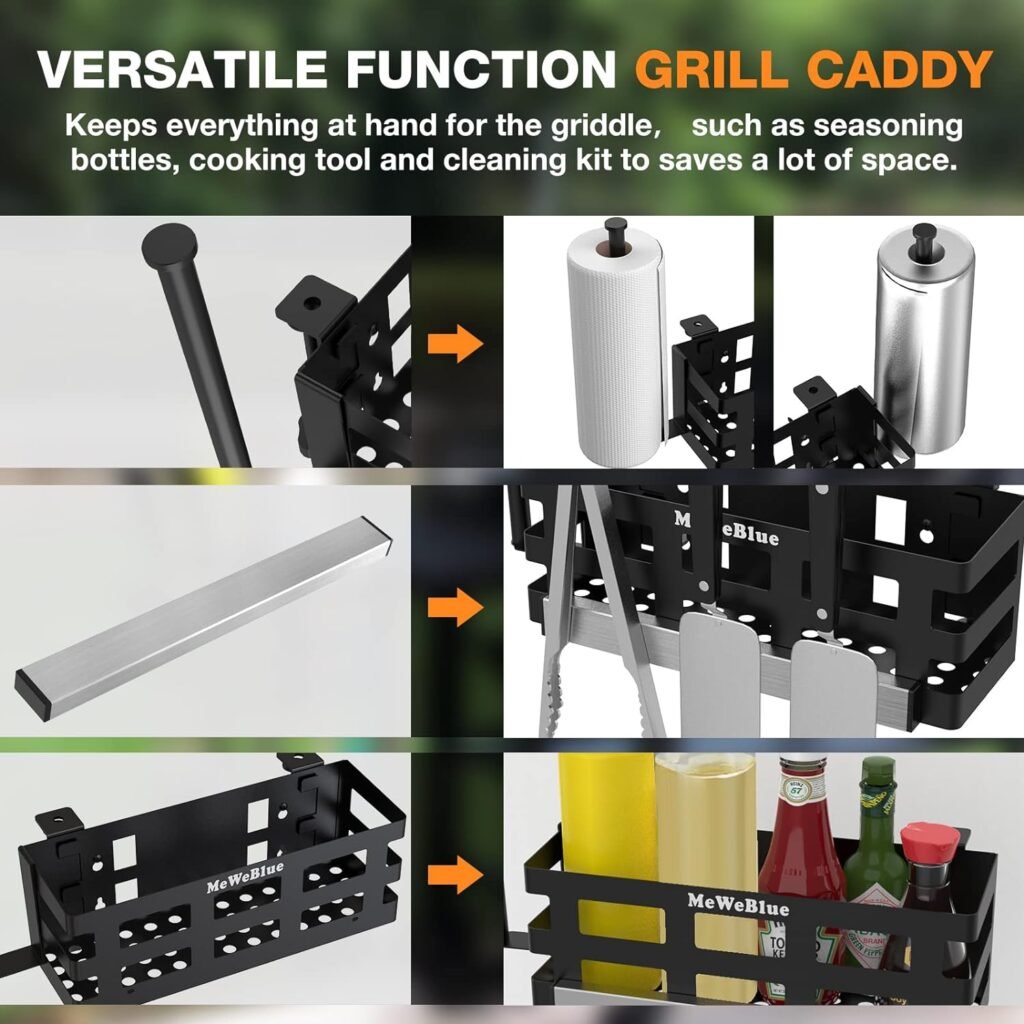 Griddle Caddy for 28-36 Griddles/Prep Cart with Double Magnetic Tool HolderPaper Towel Holder6 J-Hooks, Space Saving Grill Accessories Storage Caddy, BBQ Accessories Holder for Outdoor Grill