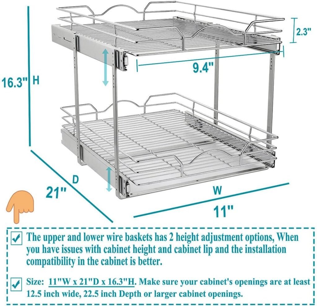 OCG 2 Tier Pull Out Cabinet Organizer (14 W x 18 D), Pull Out Shelves for Kitchen Cabinets, Pull Out Drawers for Base Cabinet Organization in Kitchen Bathroom Pantry, Chrome Finish