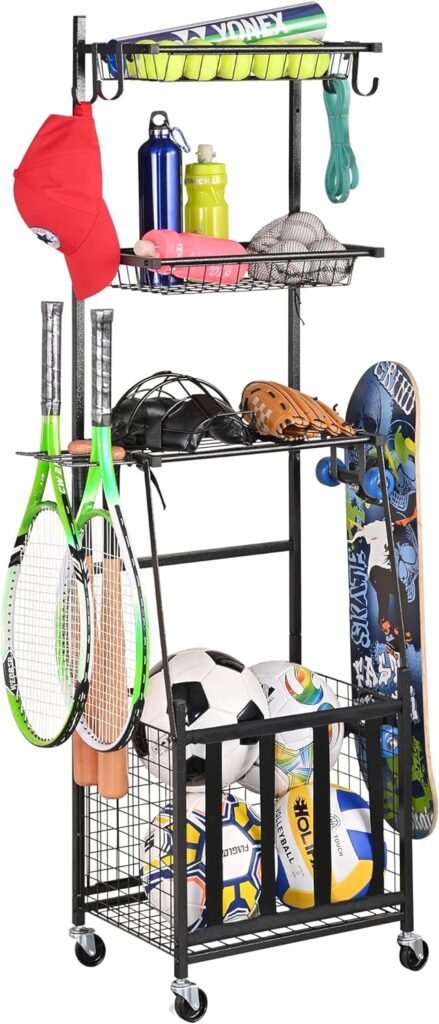 PLKOW Sports Equipment Storage for Garage, Indoor/Outdoor Sports Rack for Garage, Ball Storage Garage Organizer with Basket and Hooks,Toy/Sports Gear Storage