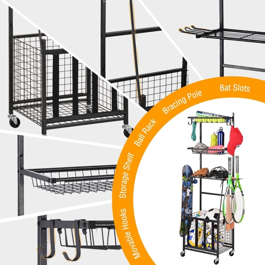 PLKOW Sports Equipment Storage for Garage, Indoor/Outdoor Sports Rack for Garage, Ball Storage Garage Organizer with Basket and Hooks,Toy/Sports Gear Storage