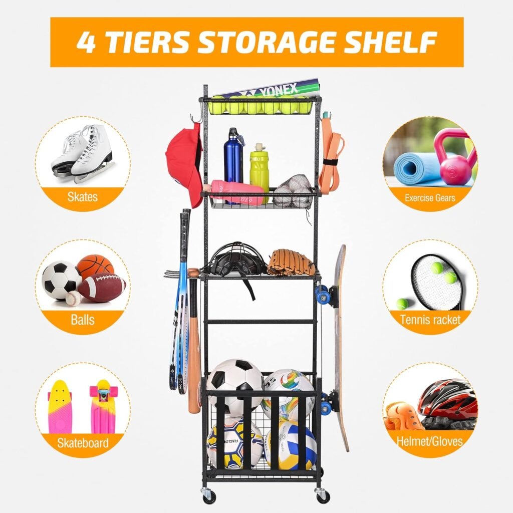 PLKOW Sports Equipment Storage for Garage, Indoor/Outdoor Sports Rack for Garage, Ball Storage Garage Organizer with Basket and Hooks,Toy/Sports Gear Storage