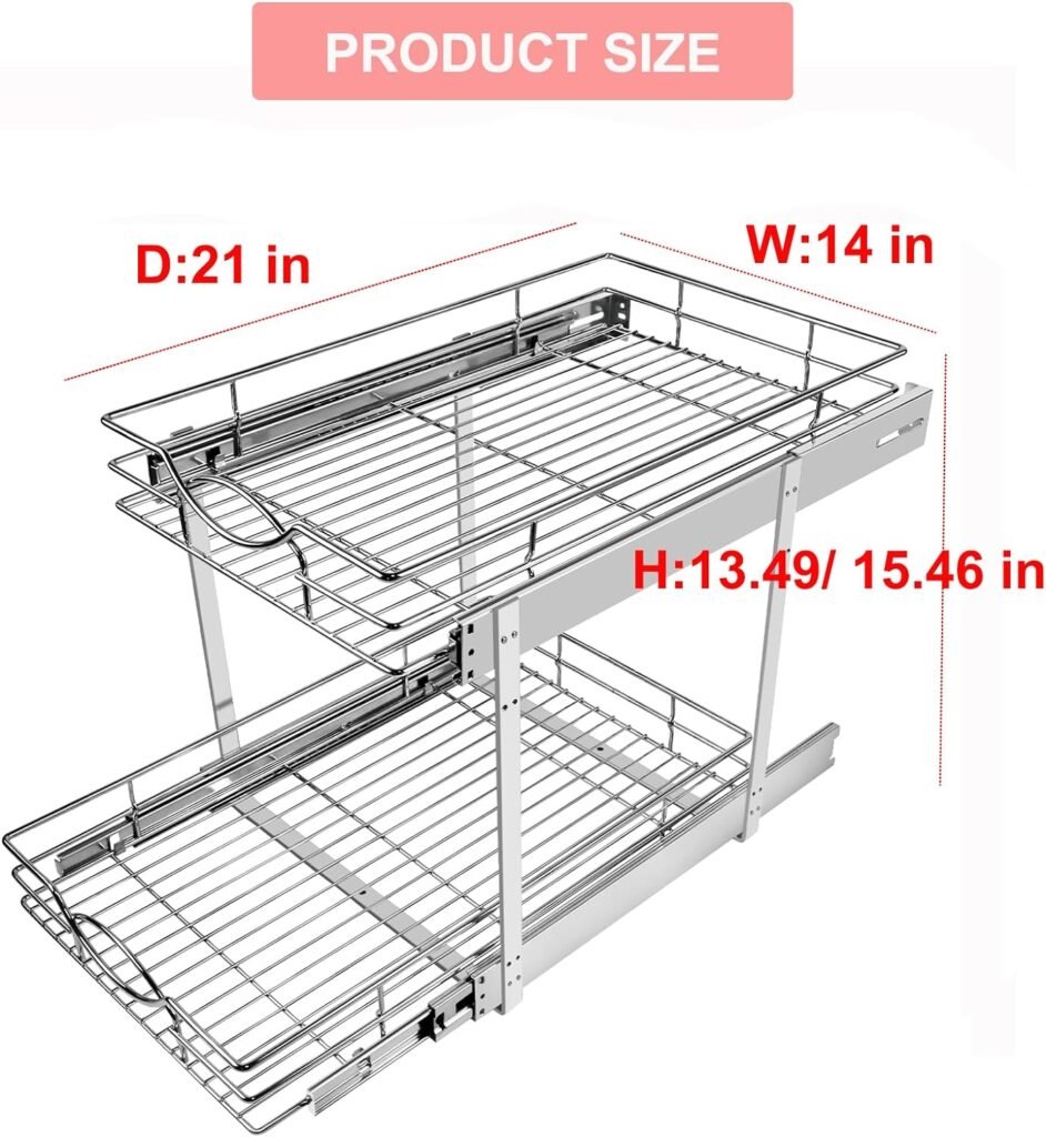 Sikarou Pull Out Cabinet Drawer Organizer, 14”W x 21”D - Requires At Least 15 Cabinet Opening, Heavy Duty Slide Out Shelves, Sliding Drawer Storage for Kitchen, Bathroom, Chrome Finish