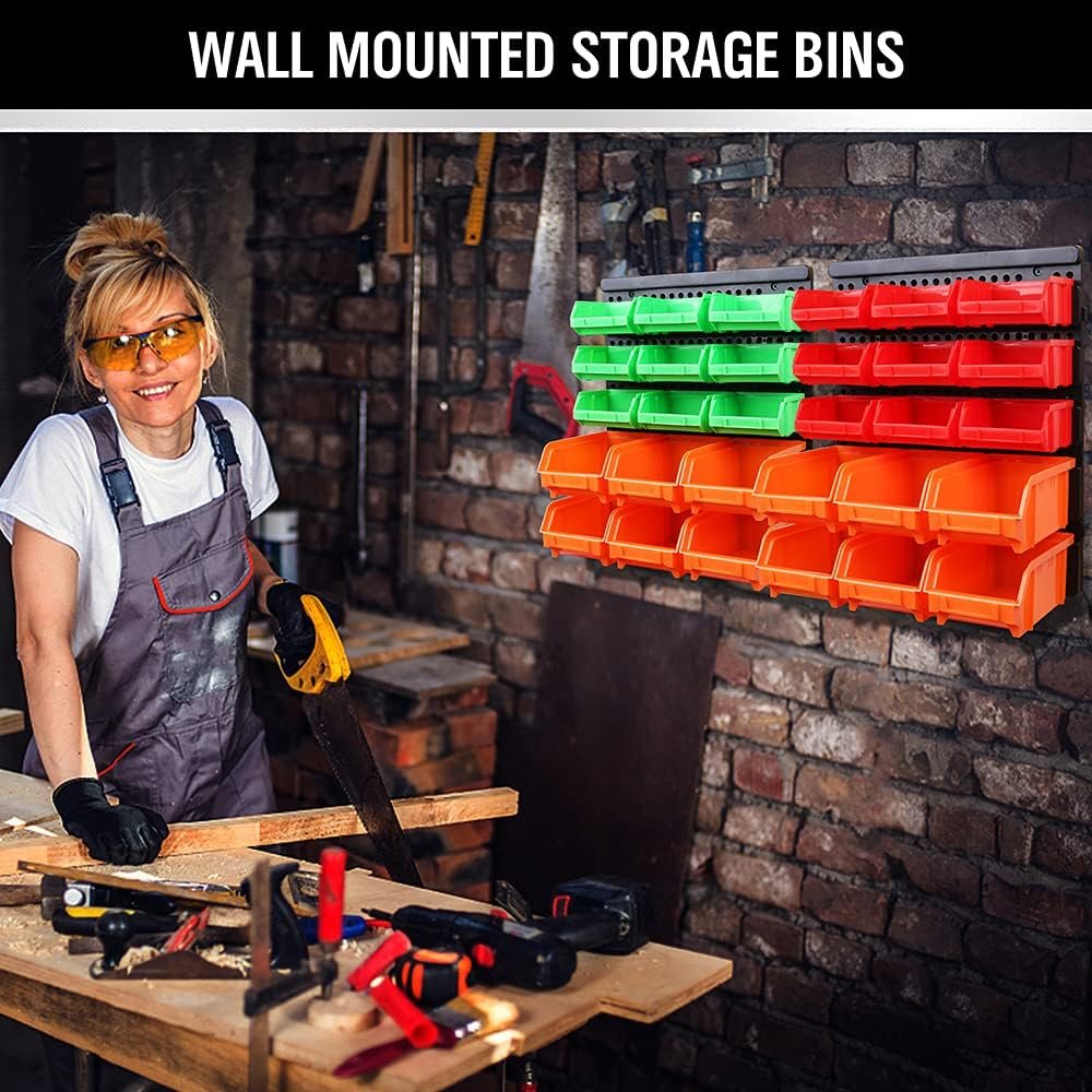 SWANLAKE 30PCS Wall Mounted Storage Bins, Plastic Garage Rack,Screw Storage,Tool Organizers.