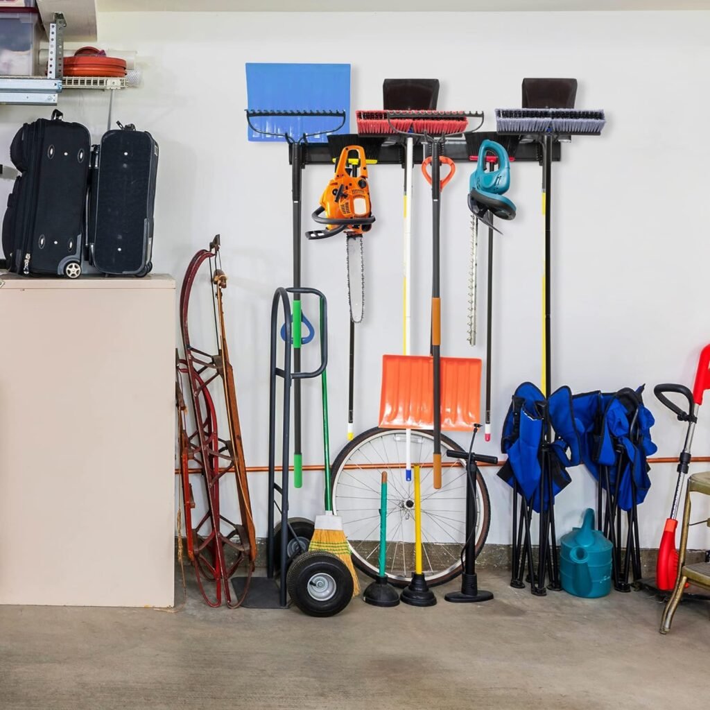 Tool Storage Rack, 8 Piece Garage Organizer, Metal, Wall mounted, Holder for Broom, Mop, Rake Shovel  Tools, By RaxGo