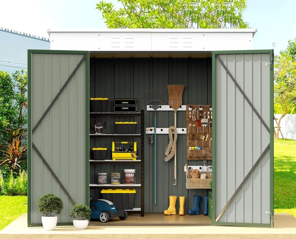 Greesum Outdoor Storage Shed 6x4FT All Weather Metal Garden Shed with Lockable Double Doors for Garden Tools, Toys and Sundries, White