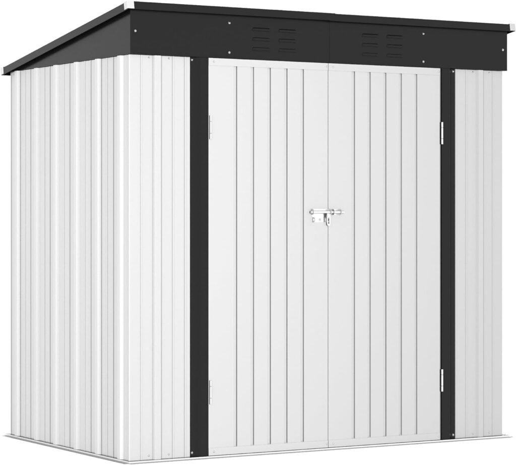 Greesum Outdoor Storage Shed 6x4FT All Weather Metal Garden Shed with Lockable Double Doors for Garden Tools, Toys and Sundries, White