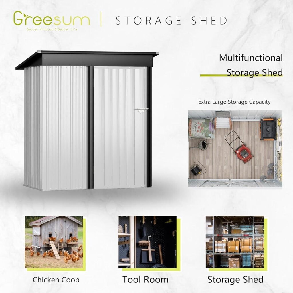 Greesum Outdoor Storage Shed 6x4FT All Weather Metal Garden Shed with Lockable Double Doors for Garden Tools, Toys and Sundries, White