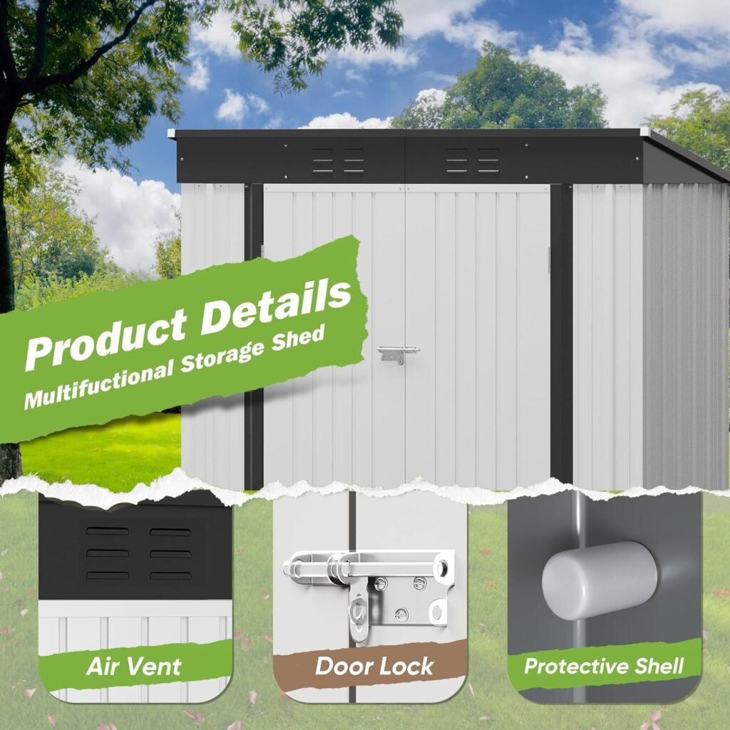 Greesum Outdoor Storage Shed 6x4FT All Weather Metal Garden Shed with Lockable Double Doors for Garden Tools, Toys and Sundries, White