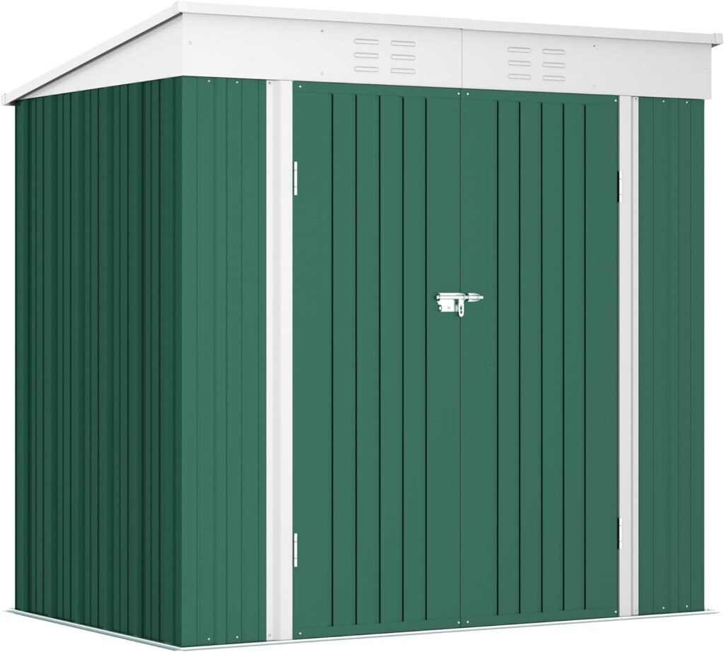 Greesum Outdoor Storage Shed 6x4FT All Weather Metal Garden Shed with Lockable Double Doors for Garden Tools, Toys and Sundries, White