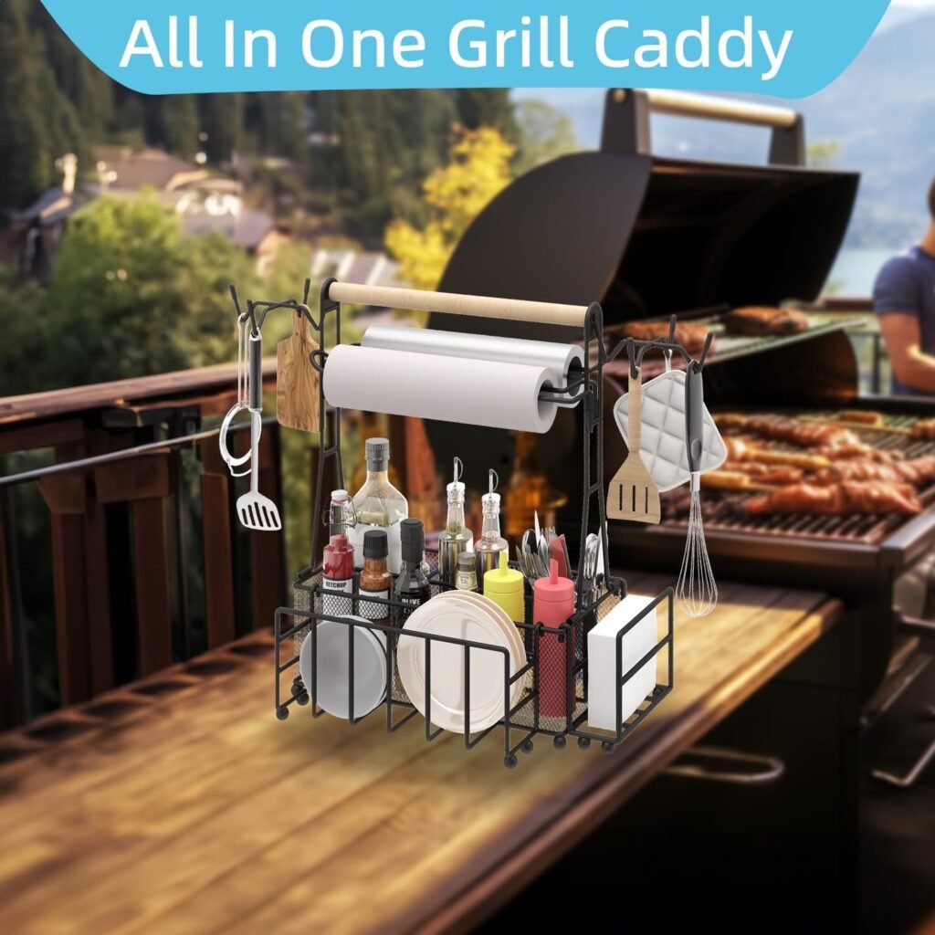 Grill Caddy,Portable Picnic Condiment Utensil Caddy with Paper Towel and Plate Holder,Griddle Accessories Storage for Outdoor Kitchen,Patio Barbecue,Camping Trip,RV Cooking,Tailgating Party- Black