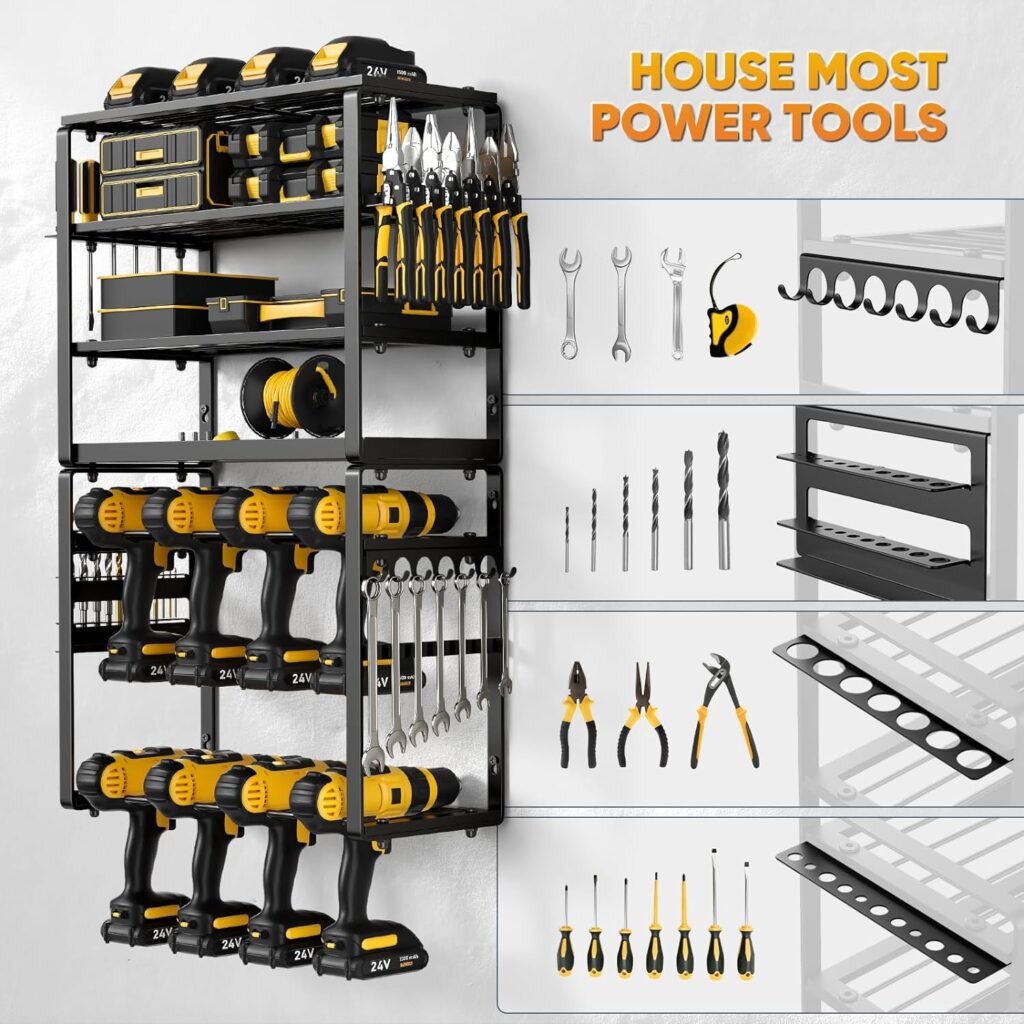 POKIPO Power Tool Organizer Wall Mount, Heavy Duty Drill Holder, Garage Tool Organizer and Storage, Suitable Tool Rack for Tool Room, Workshop, Garage, Utility Storage Rack for Cordless Drill