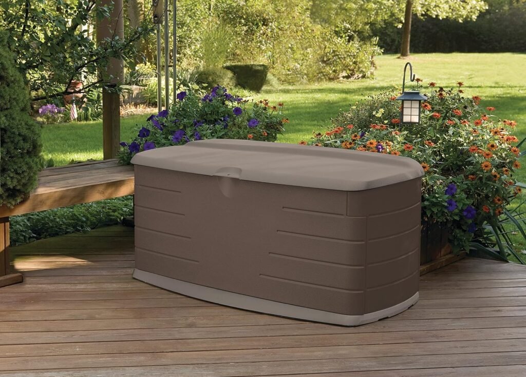 Rubbermaid Mini Resin Weather Resistant Outdoor Deck Box, 16 w x 14 d x 21 h, Mocha, Storage for Garden/Pool Accessories/Cushions, Indoor/Outdoor Home Organization Bin , Sandstone