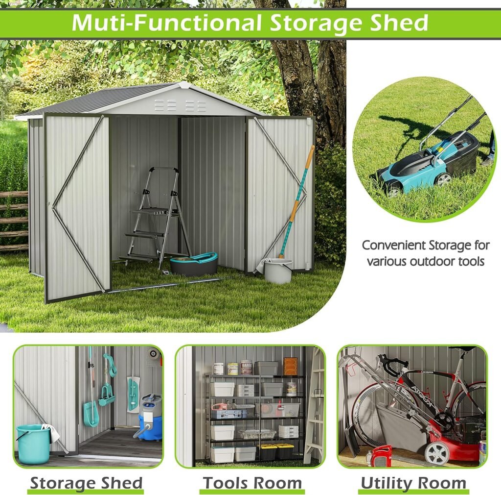 Metal Outdoor Storage Shed 6FT x 4FT, Outside Storage Unit with Triangular Roof  Lockable Door, Steel Utility Tool Shelter for Backyard Garden Patio Lawn, Dark Grey…