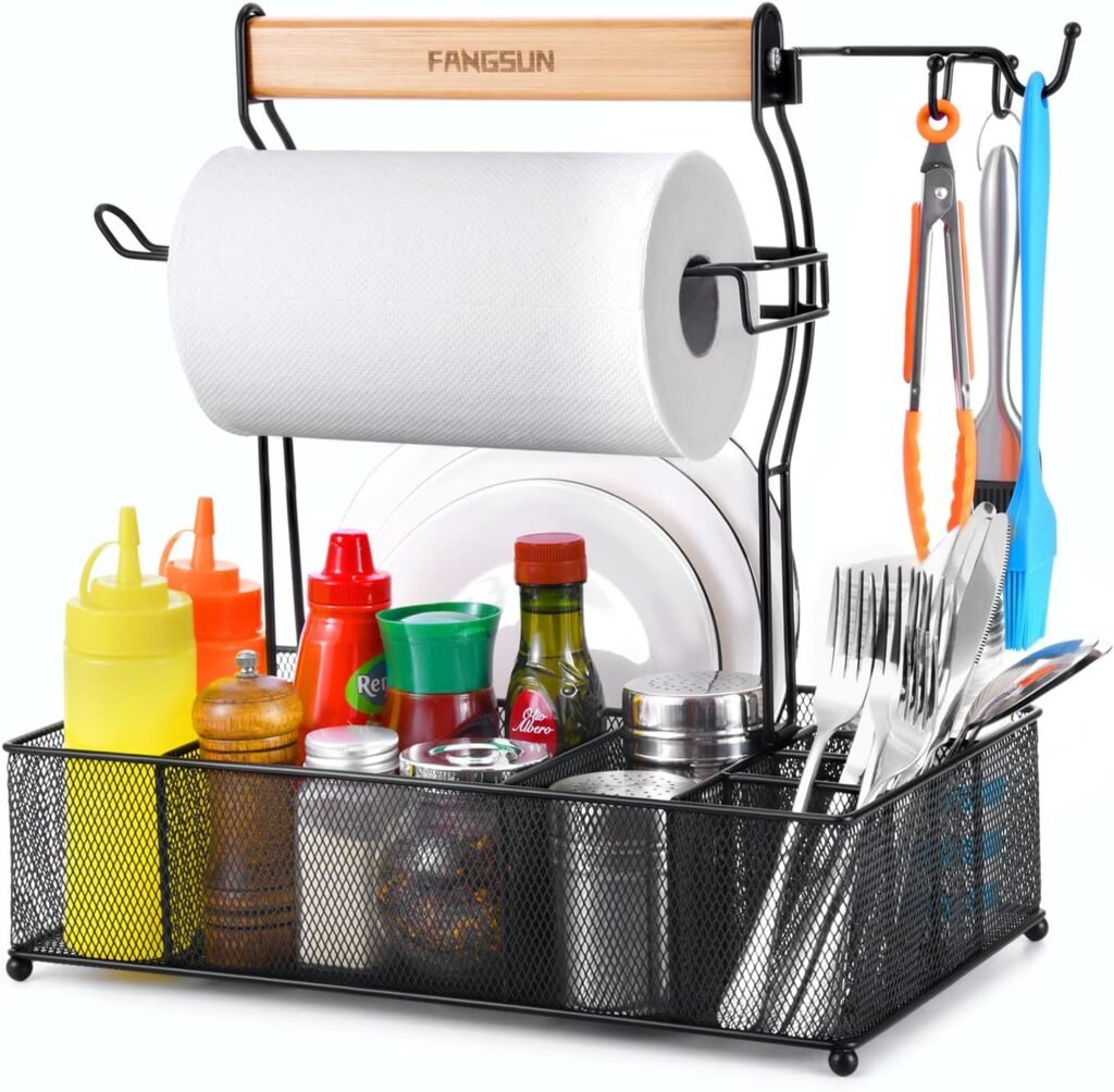 FANGSUN Large Grill Utensil Caddy, Picnic Condiment Caddy, BBQ Organizer for Outdoor Grilling, Camping Caddy with Paper Towel Holder for Plate Cutlery, Grill Accessories Storage for Tailgating, Black