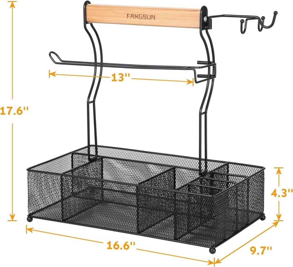 FANGSUN Large Grill Utensil Caddy, Picnic Condiment Caddy, BBQ Organizer for Outdoor Grilling, Camping Caddy with Paper Towel Holder for Plate Cutlery, Grill Accessories Storage for Tailgating, Black