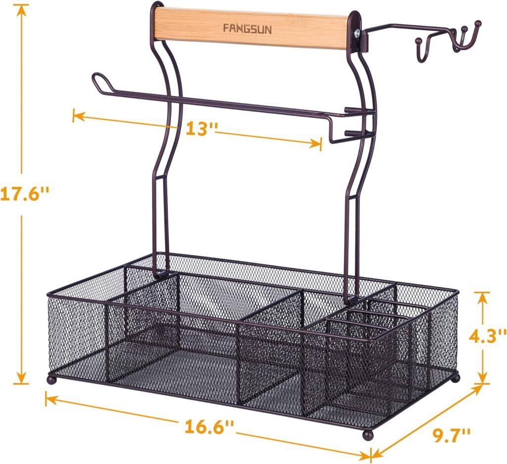 FANGSUN Large Grill Utensil Caddy, Picnic Condiment Caddy, BBQ Organizer for Outdoor Grilling, Camping Caddy with Paper Towel Holder for Plate Cutlery, Grill Accessories Storage for Tailgating, Black