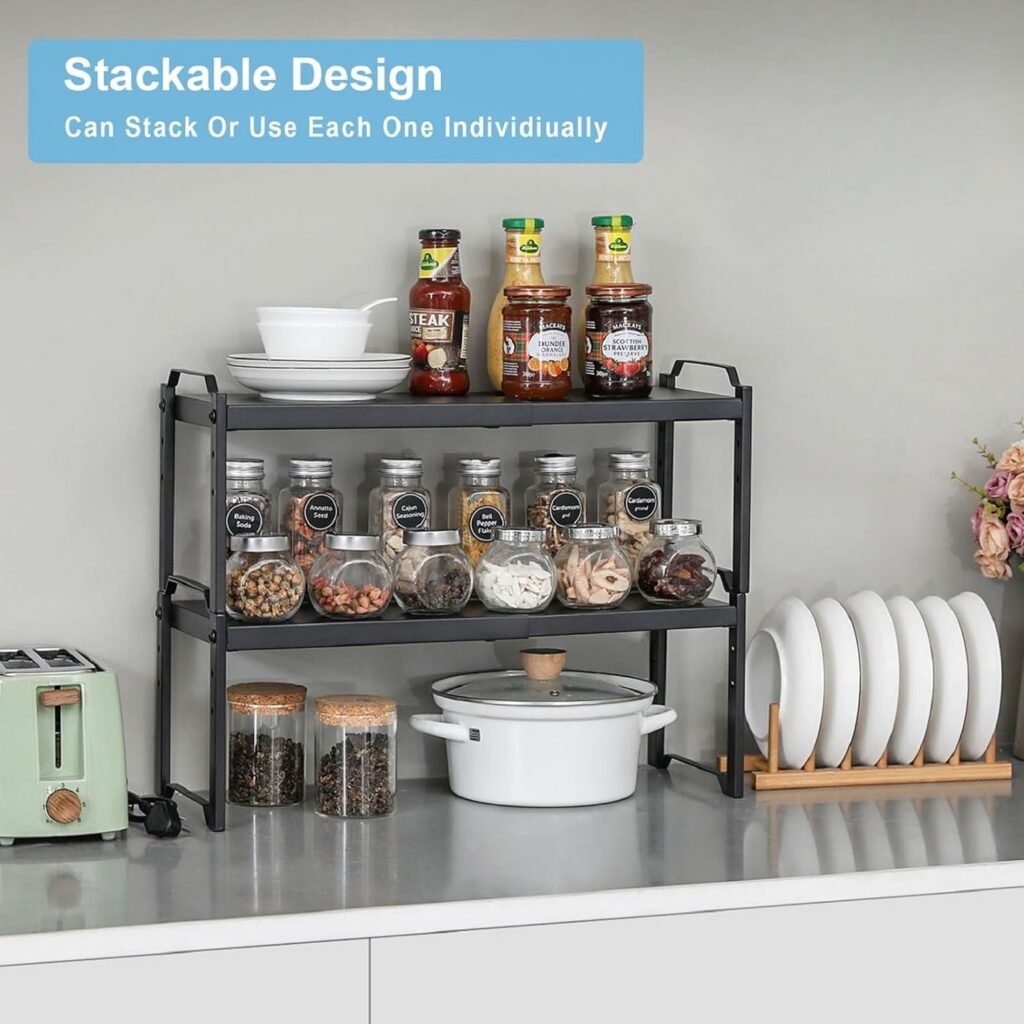 2 Pack Expandable Cabinet Countertop Shelves, Stackable Shelves Organizers For Kitchen Cabinet Countertop Storage, Adjustable Cupboard Counter Pantry Organizer Shelf Rack Stand, Length:20.5, Black
