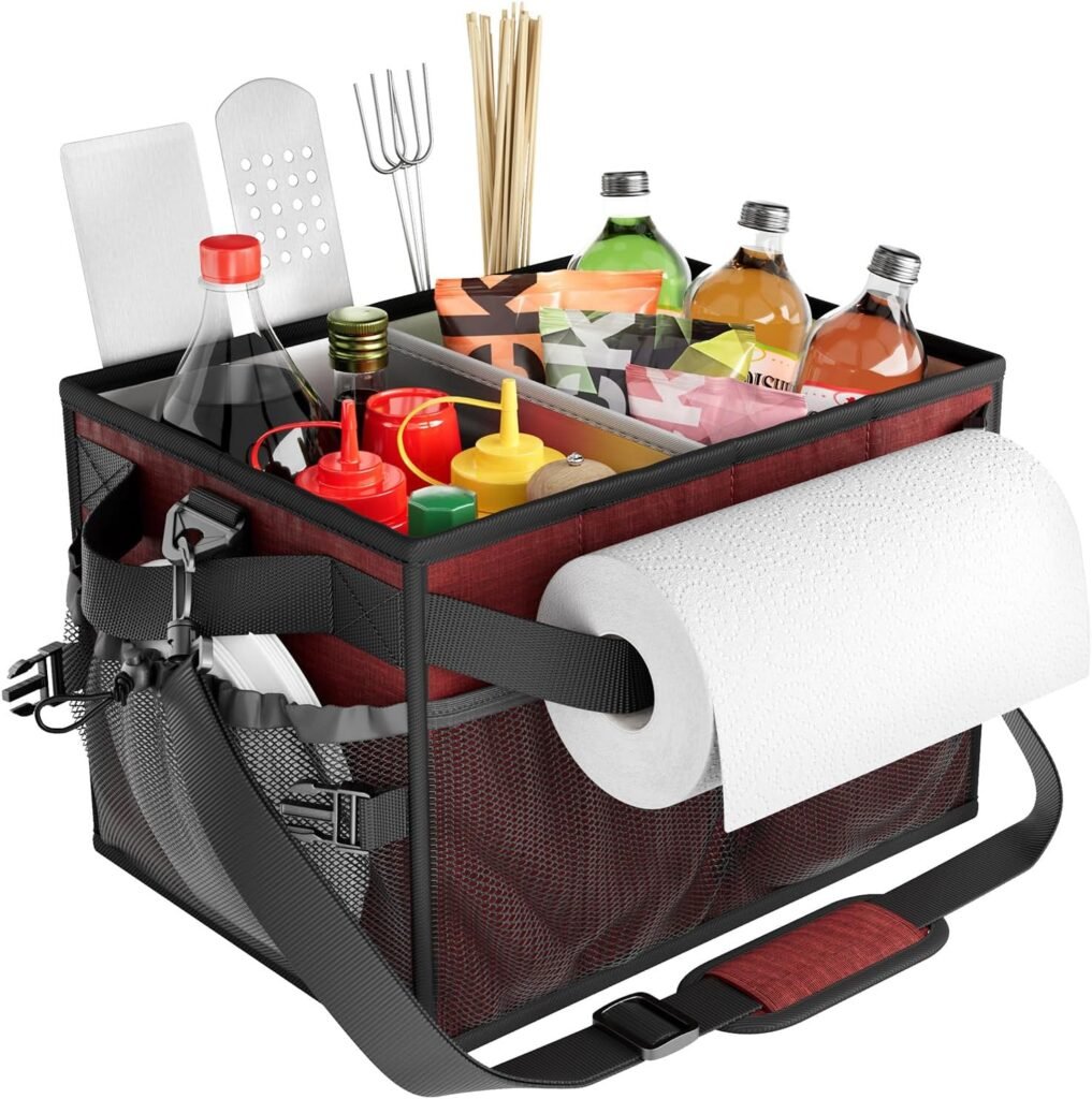 FANGSUN Grill Caddy, BBQ Caddy with Paper Towel Holder, Picnic Griddle Caddy for Outdoor Camping, Barbecue Accessories Storage Organizer for Utensil Grilling Tool, Must Haves for Camper Tailgating Rv