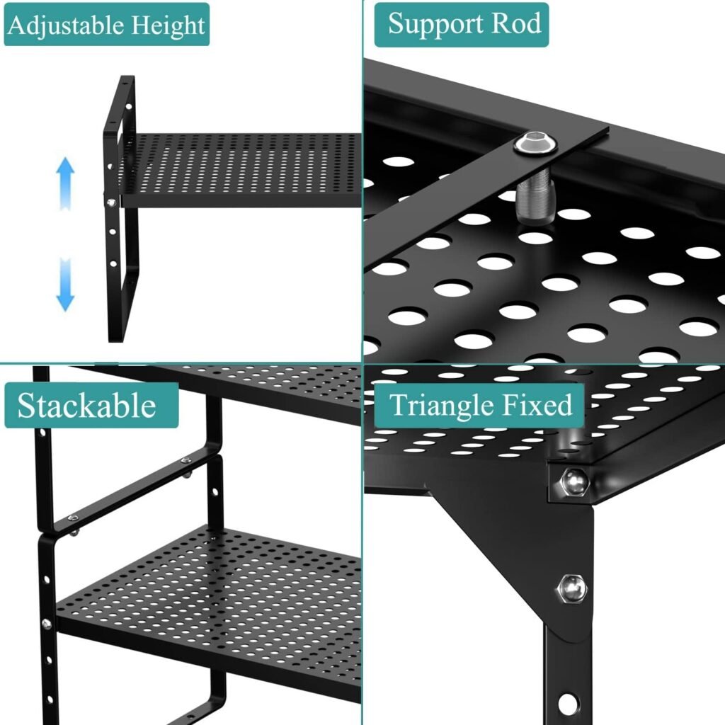 GEDLIRE Expandable Kitchen Cabinet Shelf Organizers 2 Pack, Stackable Metal Pantry Storage Shelves Rack, Adjustable Counter Shelf for Cabinets, Countertop, Cupboard Organizers and Storage, Black
