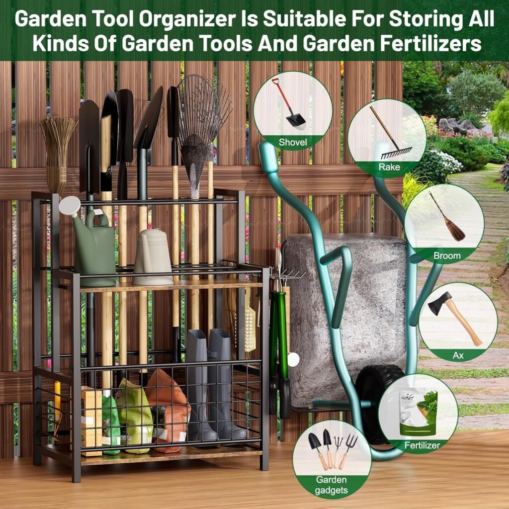 LiebeRen Garden Tool Organizer, Garden Tool Storage, Holds up to 20 Long Handled Tools, Rack With 2 Tier Dividers, Garden Tool Rack, For Yard, Shed, Garage Storage Organizer Size 25.2X15.7X34.4 in
