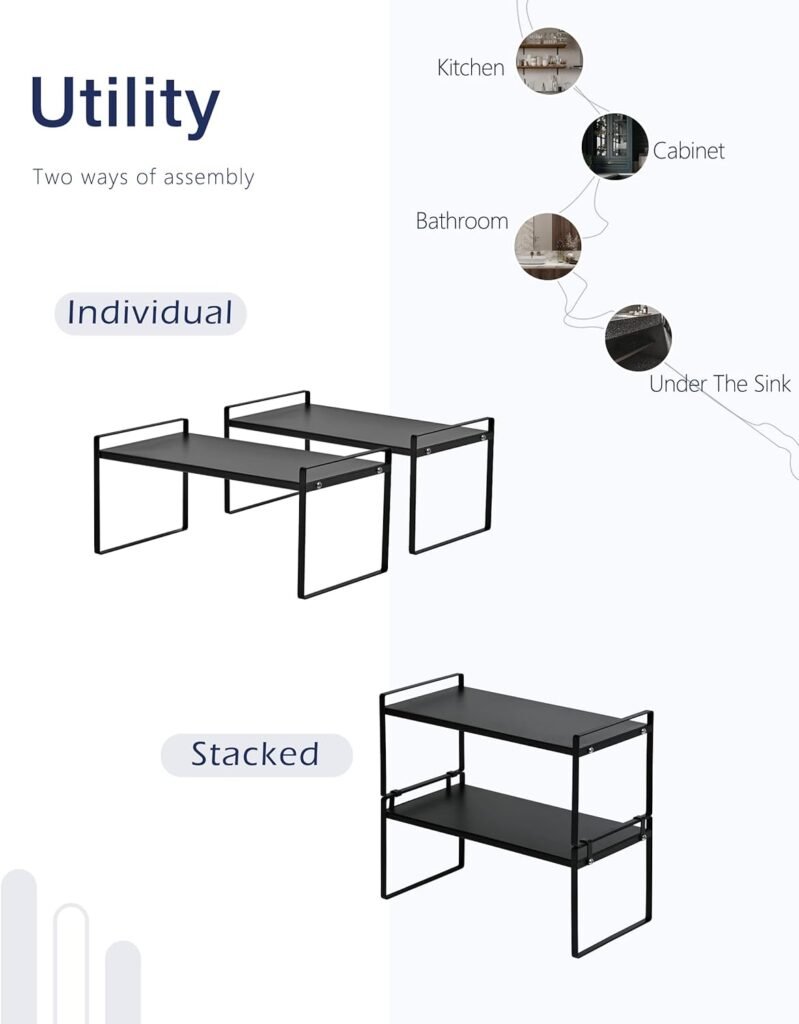 Nxconsu 2Pack Cabinet Shelves Stackable Organizer Rack Riser for Kitchen Cabinet Pantry Cupboard Counter Countertop Home Organization Storage Space Saver Heavy Duty Metal Nonslip White Tall