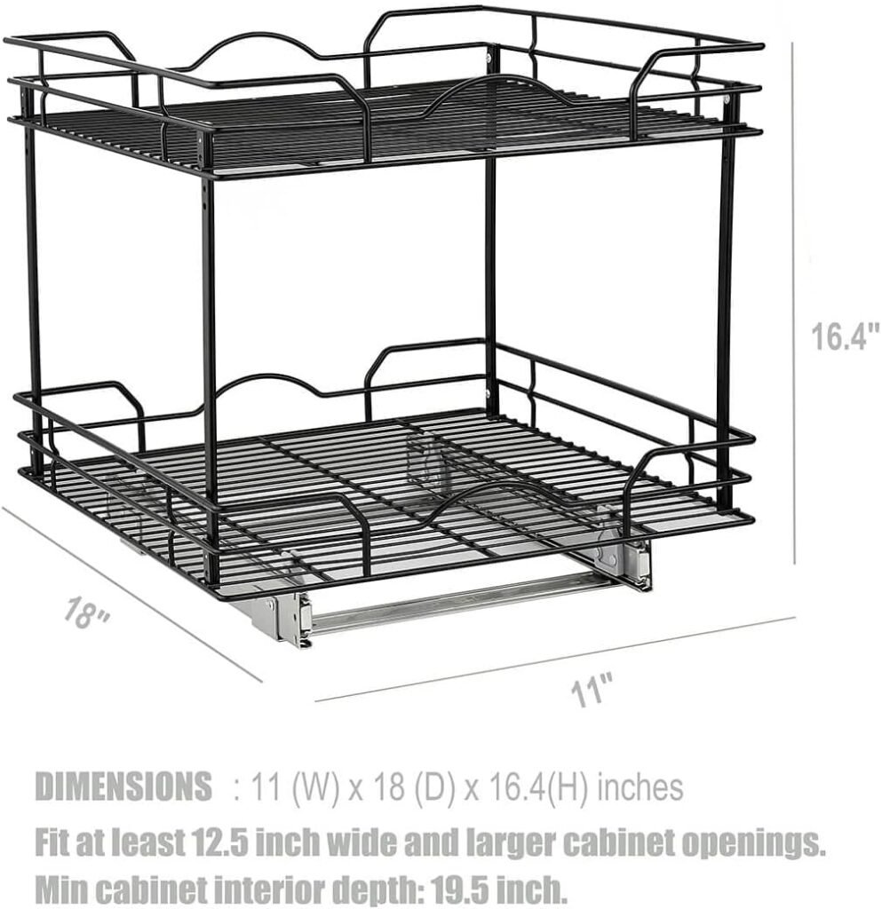 OCG 2 Tier Pull Out Shelf 11 W x 18 D, Heavy Duty Slide Out Cabinet Shelves, Pull Out Drawer for Cabinet Organizer, Black