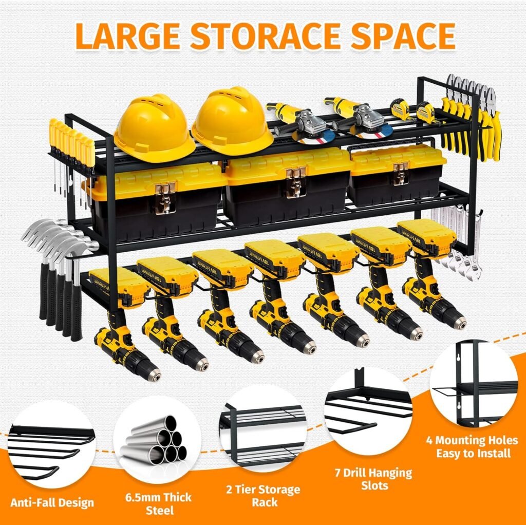 Power Tool Organizer, 7 Drill Holder Wall Mount, Storage Rack for Garage Organization, Heavy Duty Metal Tool Shelf, Utility Storage Rack and Multiple Holders for Screwdriver, Plier, and Hammer
