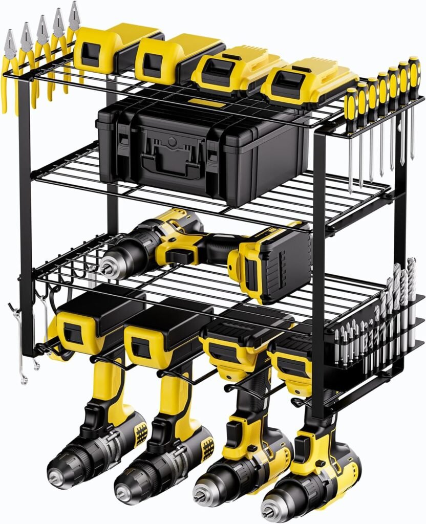 Power Tool Organizer Wall Mount, 4-Layer Heavy Duty Metal Shelf Rack for Dewalt Tools/Screwdriver/Plier and 4 Drill Holders, Garage Organization and Storage, Gift for Husband