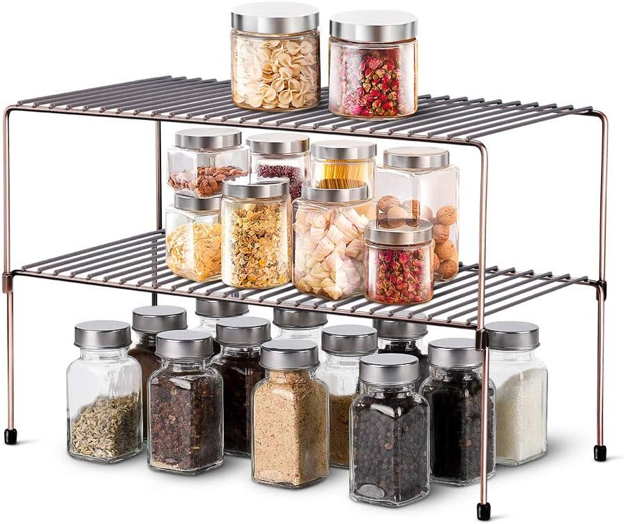 Set of 2 Kitchen Cabinet Organizer and Storage Shelves Stackable Expandable Storage Racks with Anti-Slip Liners for Cabinet Pantry, Bronze