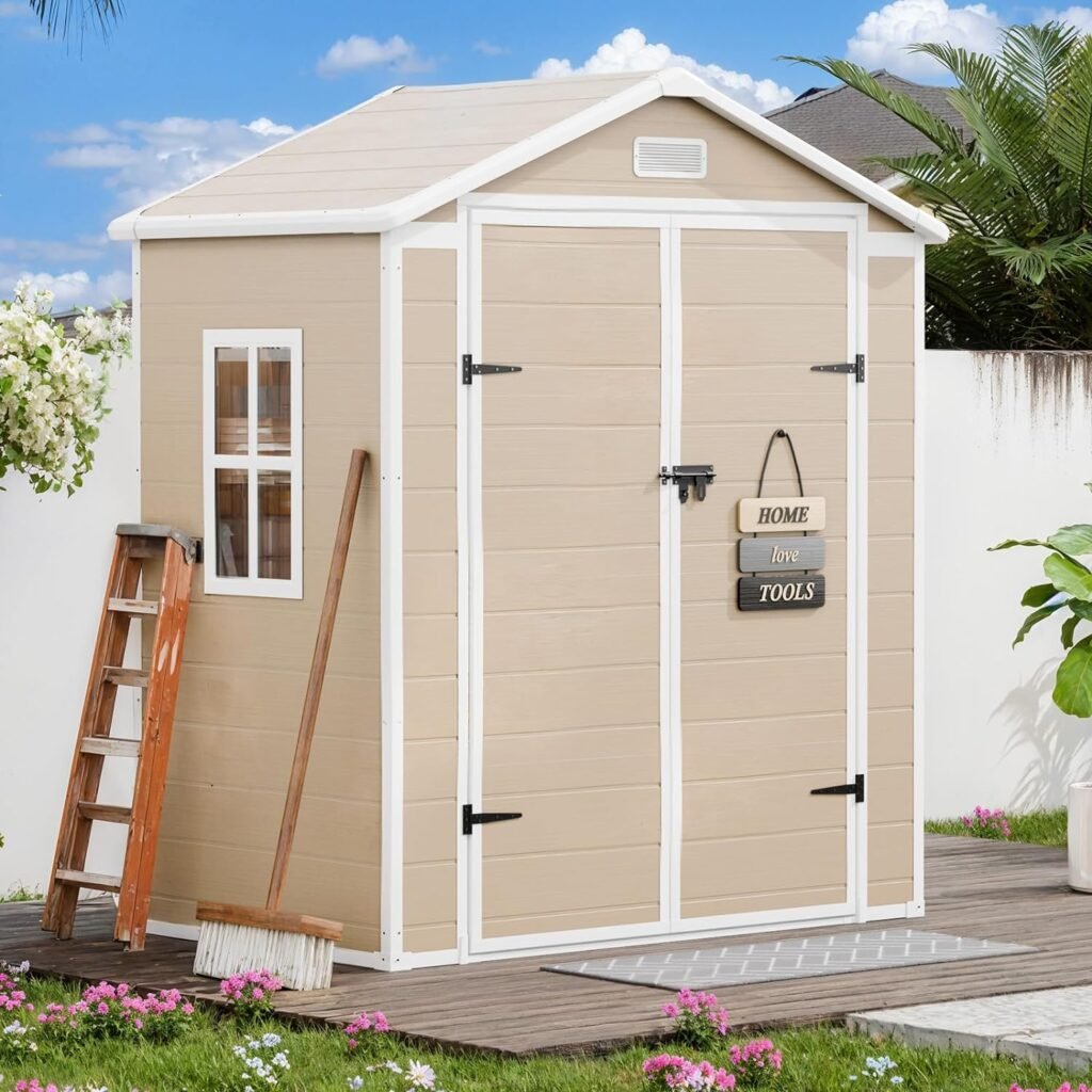 Storage Shed 6x3 FT,Resin Outdoor Storage Shed with Floor  Double Lockable Door,Waterproof Sheds  Outdoor Storage with Window and Sloping Roof,Garden Tool Shed for Bike,Toy,Lawnmower (Brown)