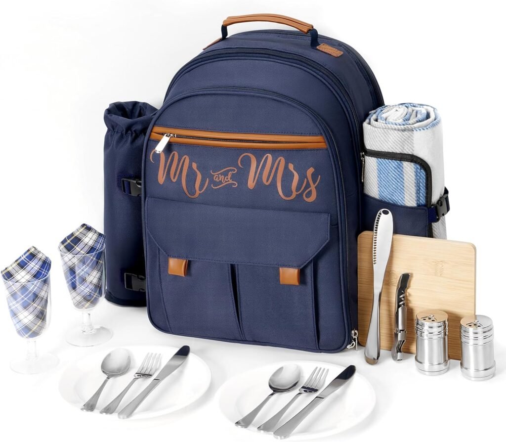 AW BRIDAL Couple Gifts 22L Insulated Picnic Backpack for 2, Picnic Basket Set Camping Accessories, Blue| Cool Bridal Shower Gifts for Bride Anniversary Engagement Wedding Gifts for Couples 2024