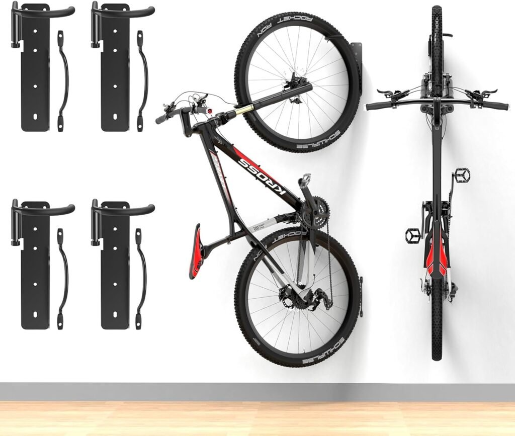 Bike Rack Garage Wall Mount, Swivel Bike Rack, Swing 90 Degrees, Vertical Bike Hanger Hook for Indoor, Bicycle Storage Rack, Space Saving Bike Holder (4 Pack W/Stopper)