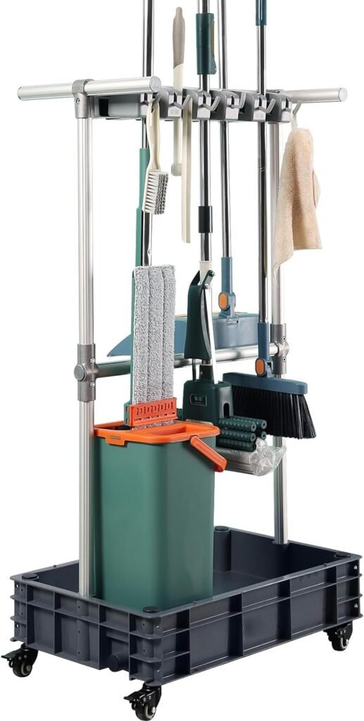 Broom mop Holder Cleaning Supplies Organizer Janitor carts on Wheels Housekeeping Station Storage Tools for Garage, Garden, Closet, Cabinet