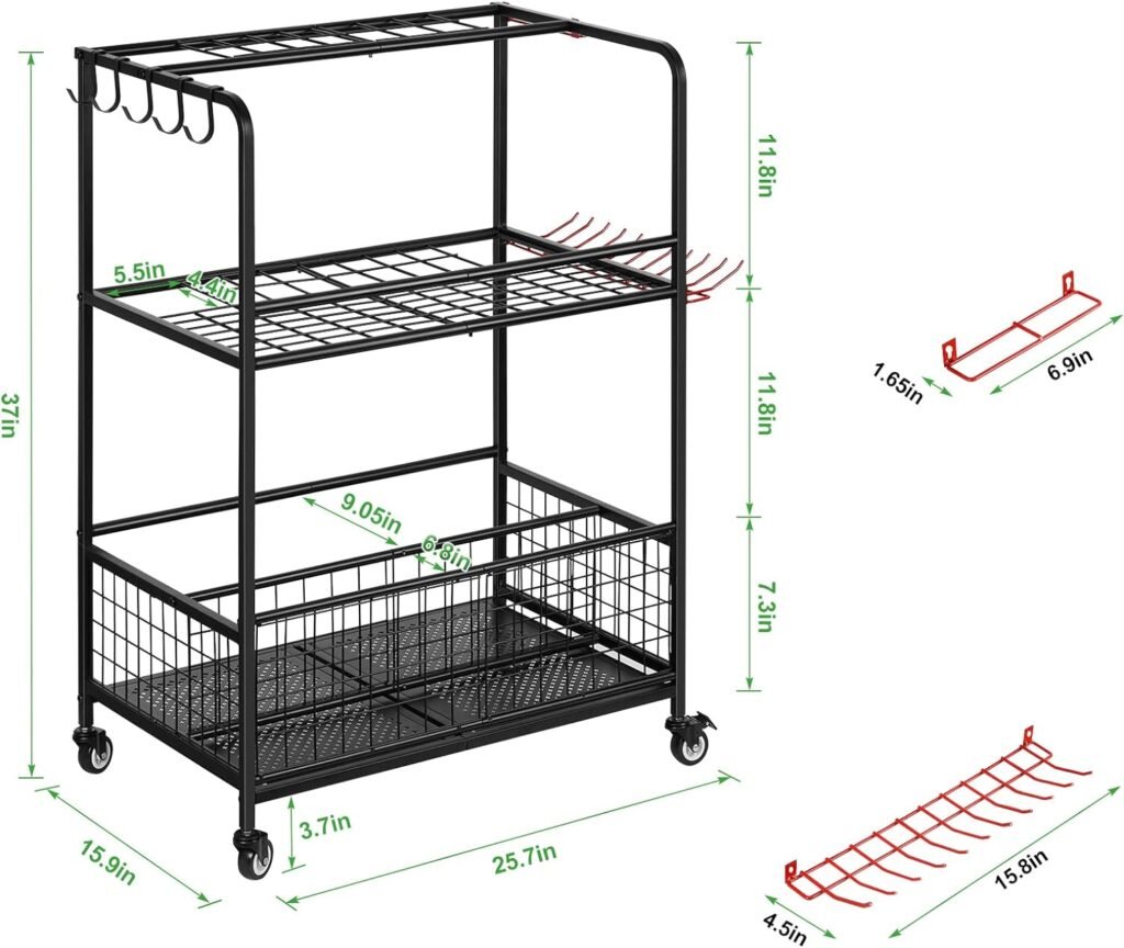 Garden Tool Organizer with Wheels, Heavy Duty Metal Tool Shelf, Garage Tool Storage Organizers, Utility Storage Rack with Hooks for Yard Garden Garage Tool Holder Yard Garden Garage Tool Holder