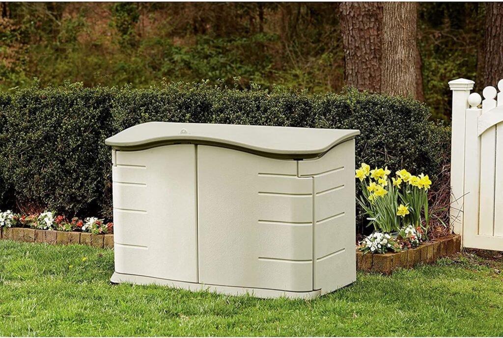 Rubbermaid Large Horizontal Resin Outdoor Storage Shed With Floor (5 x 4 Ft) Weather Resistant, Beige/Brown, Organization for Home/Backyard/Pool Chemicals/Toys/Garden Tools/Porch/Patio Cushions