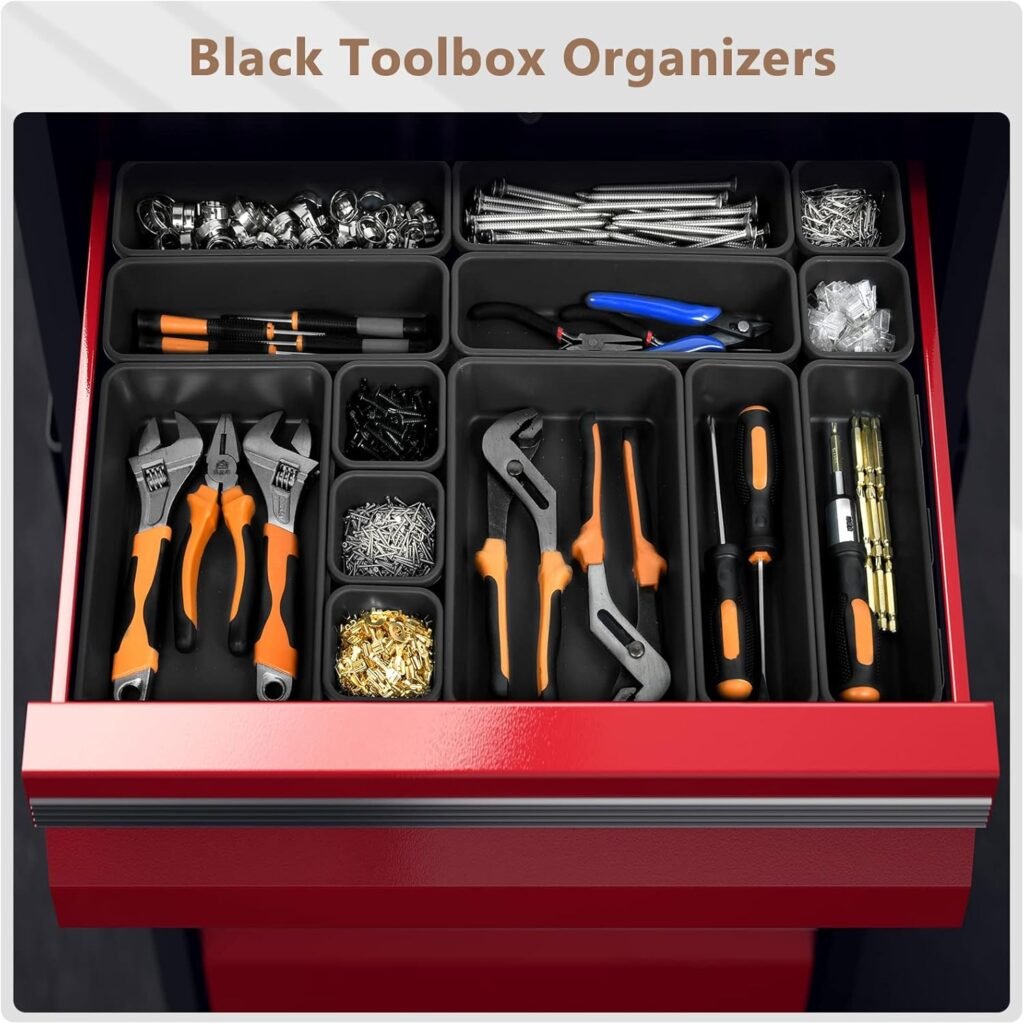 A-LUGEI【𝟱𝟴𝗣𝗰𝘀】【5 Size】 Tool Box Organizer Tray Divider Set, 【Black】 Desk Drawer Organizer, Garage Organization and Storage Toolbox Accessories Rolling Tool Chest Cart Cabinet WorkBench Small Part