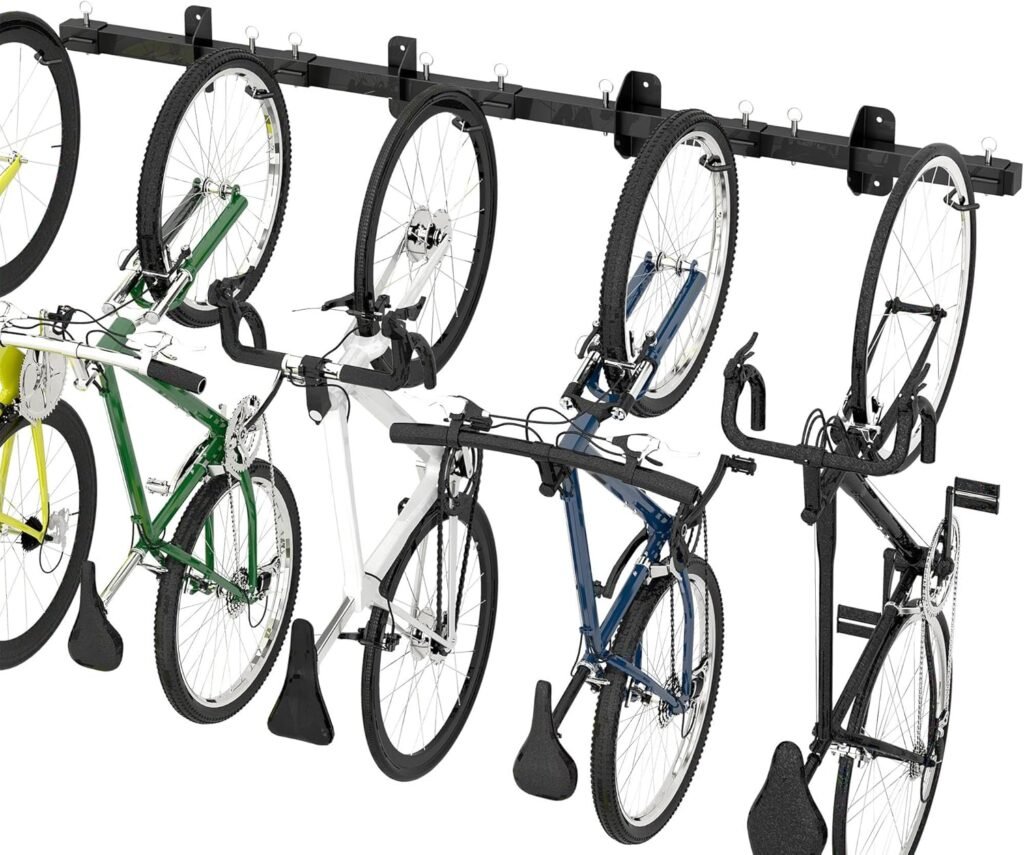 Bike Storage Rack, Garage Wall Mount Hanger, Indoor Bicycle Organizer with Adjustable Hooks for Home and Garage, 67-inch Cycle Stand Holds 5 Bikes, Wall Bike Stand Up to 300lbs