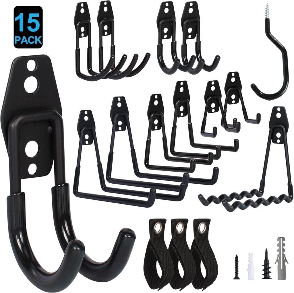 Garage Hooks Heavy Duty 12 Pack Wall Storage Hooks with 3 Storage Straps, Steel Garage Storage Hooks Tool Hangers Wall Organizer Utility Hooks for Garden Tools, Bulky Items, Bike, Ladders