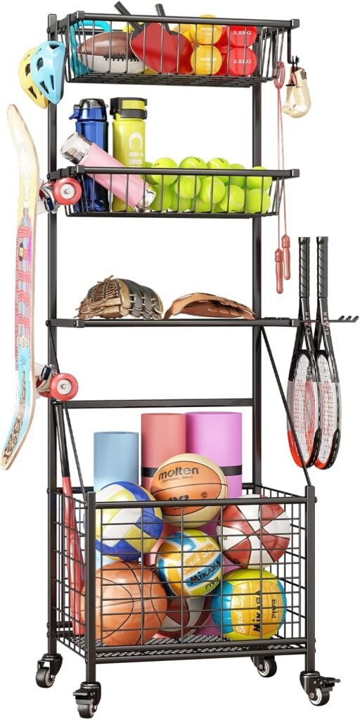 Garage Storage Organization Sports Equipment Organizer Ball Rack Outdoor Rolling Cart with Baskets Hooks and Wheels，Black