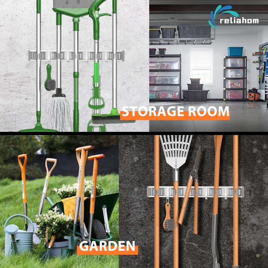 Broom Holder Mop Hanger Wall Mount Metal Organization Garage Storage System Garden Kitchen Tool Organizer (4 Racks with 5 Hooks, Silver)