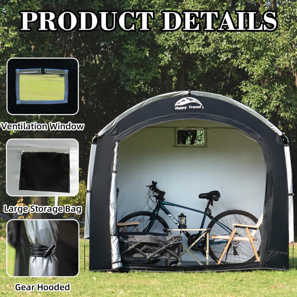 Happy Travel Bike Storage Tent Shed,Large Outdoor Waterproof Bicycle Covers Shelter with Window for 2/4/6/8 Bikes,Oversized Outside Portable Sheds for Lawn Mower,Garden Tools (Black)