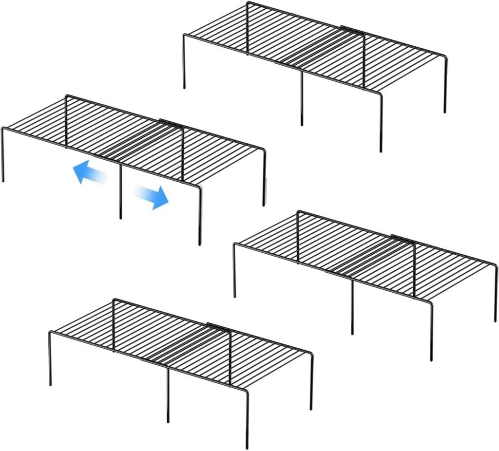 Kitchen Cabinet Expandable Shelf Organizers Set of 2, Adjustable Metal Wire Pantry Storage Shelves, Plate Dish Organizer Rack for Cabinets, Cupboard, Counter, Freezer, Countertop, White