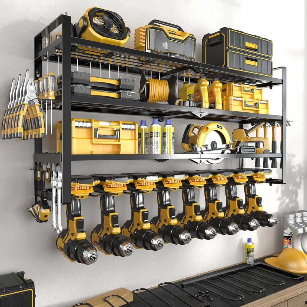 SOYEEZE Power Tool Organizer  Storage Wall Mount - Heavy Duty Metal 8 Drill Holder, 3 Layer Premium Garage Utility Power Tool Rack Tool Shelf，Great as Gifts for Men Fathers Day-Large-Black